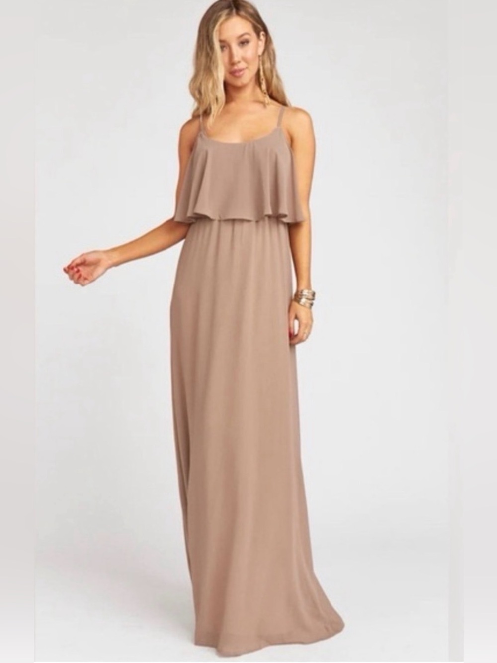 Show Me Your MuMu Light Taupe Ruffle Maxi Dress‎ Size Large Prom Wedding Guest